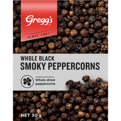 Peppercorns Whole Black Smoky Gregg's 30g - Spice Pantry